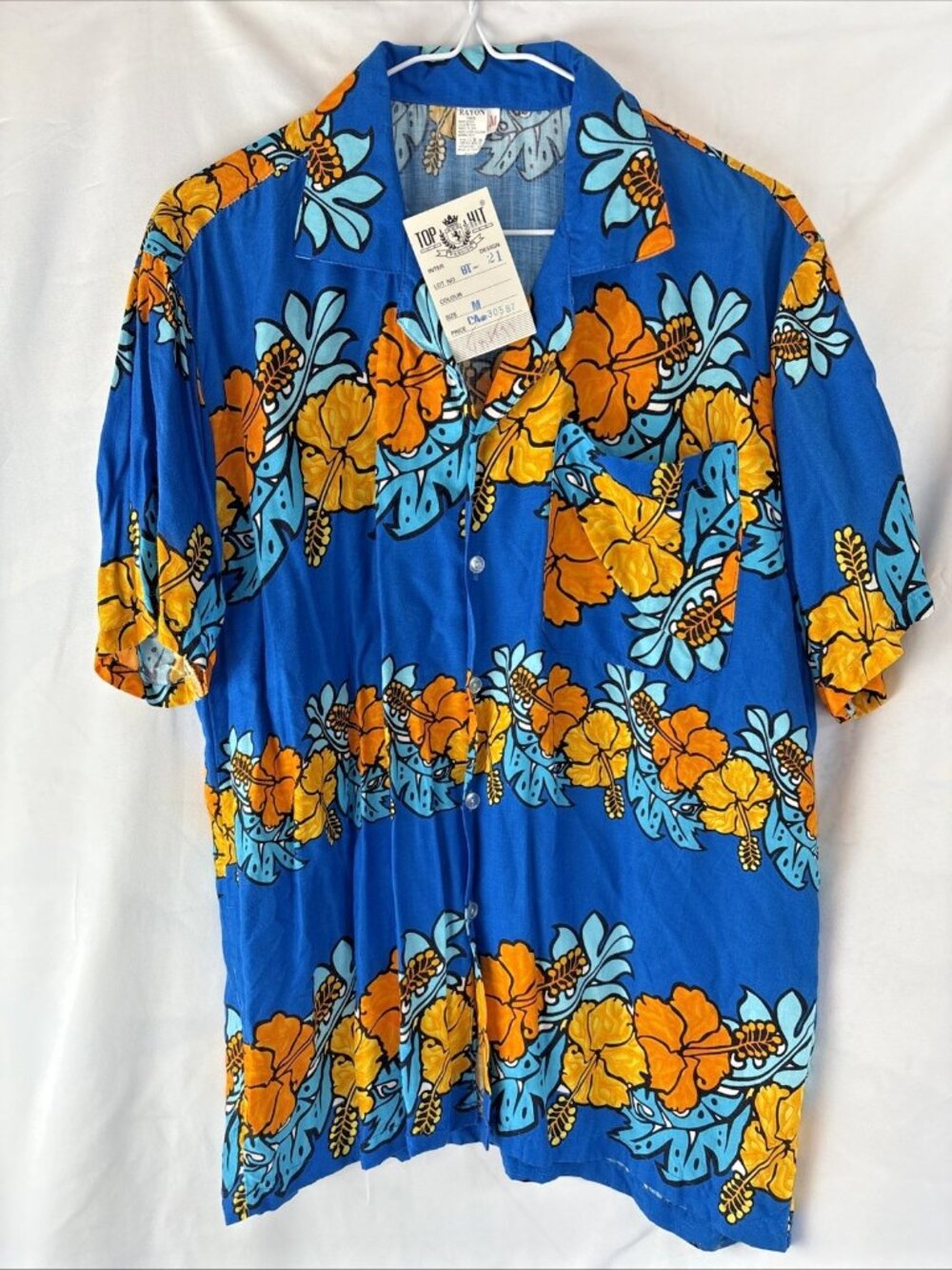 Men's Button Front Hawaiian T-Shirt Blue Floral Vacation Medium Top Hit Fashion
